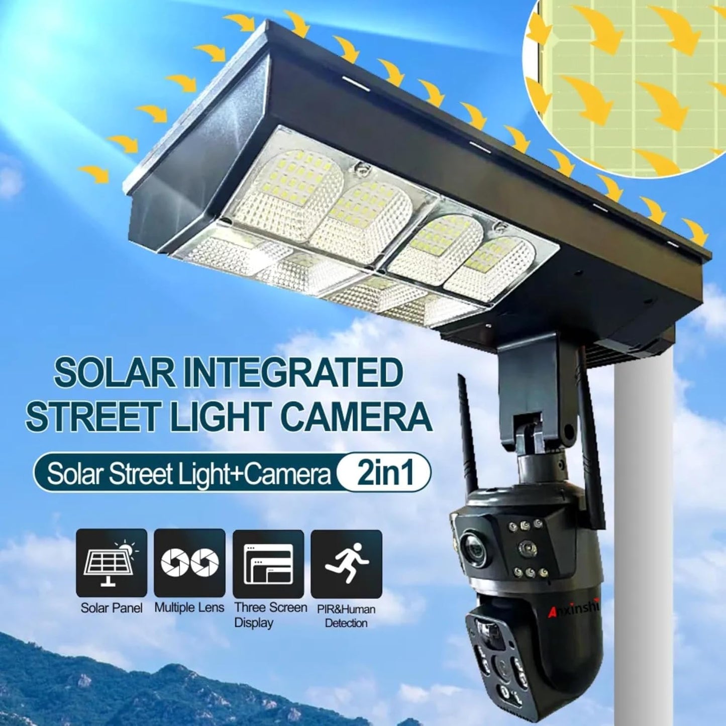 4G 2-in-1 Solar Street Light Camera Outdoor, 12MP Dual Lens PTZ Wireless Security Cam, Two-Way Audio, Motion Detection, Night Vision, IP66 Waterproof, Home Surveillance System
