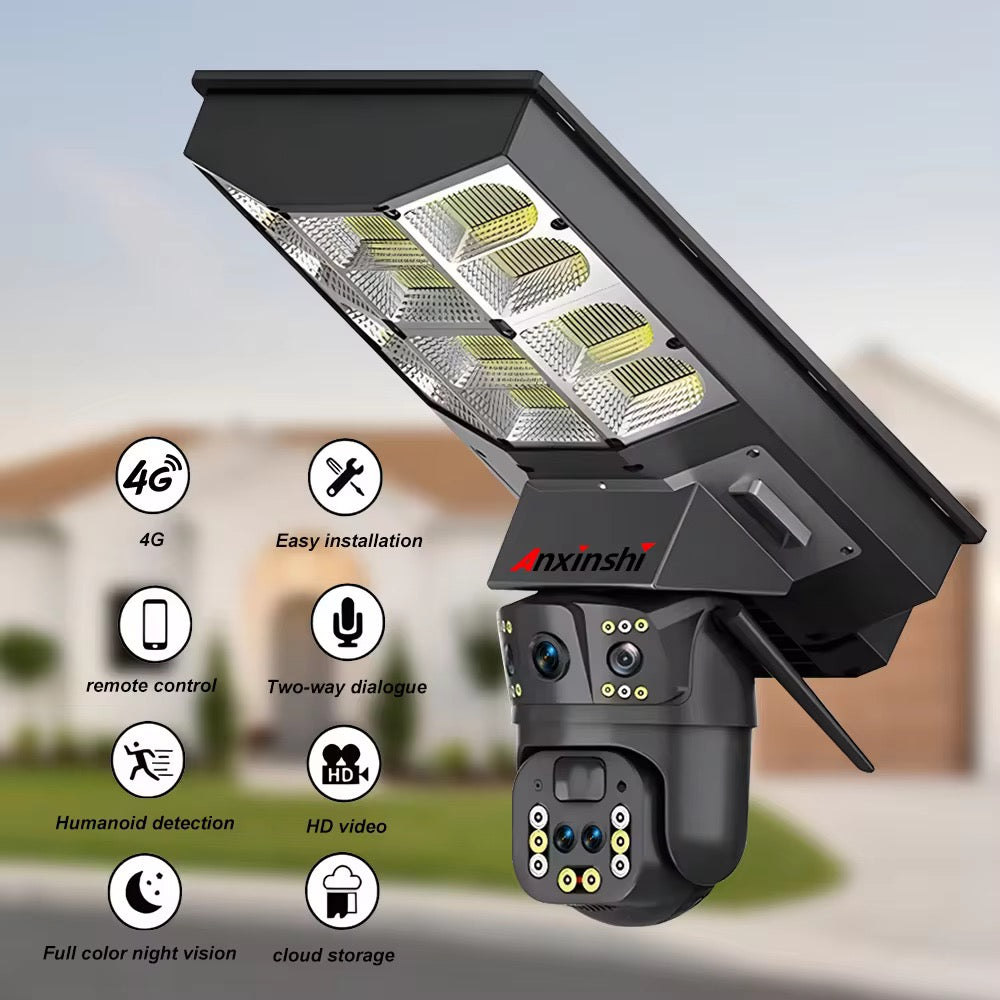 4G 2-in-1 Solar Street Light Camera Outdoor, 12MP Dual Lens PTZ Wireless Security Cam, Two-Way Audio, Motion Detection, Night Vision, IP66 Waterproof, Home Surveillance System