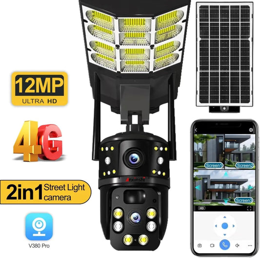4G 2-in-1 Solar Street Light Camera Outdoor, 12MP Dual Lens PTZ Wireless Security Cam, Two-Way Audio, Motion Detection, Night Vision, IP66 Waterproof, Home Surveillance System