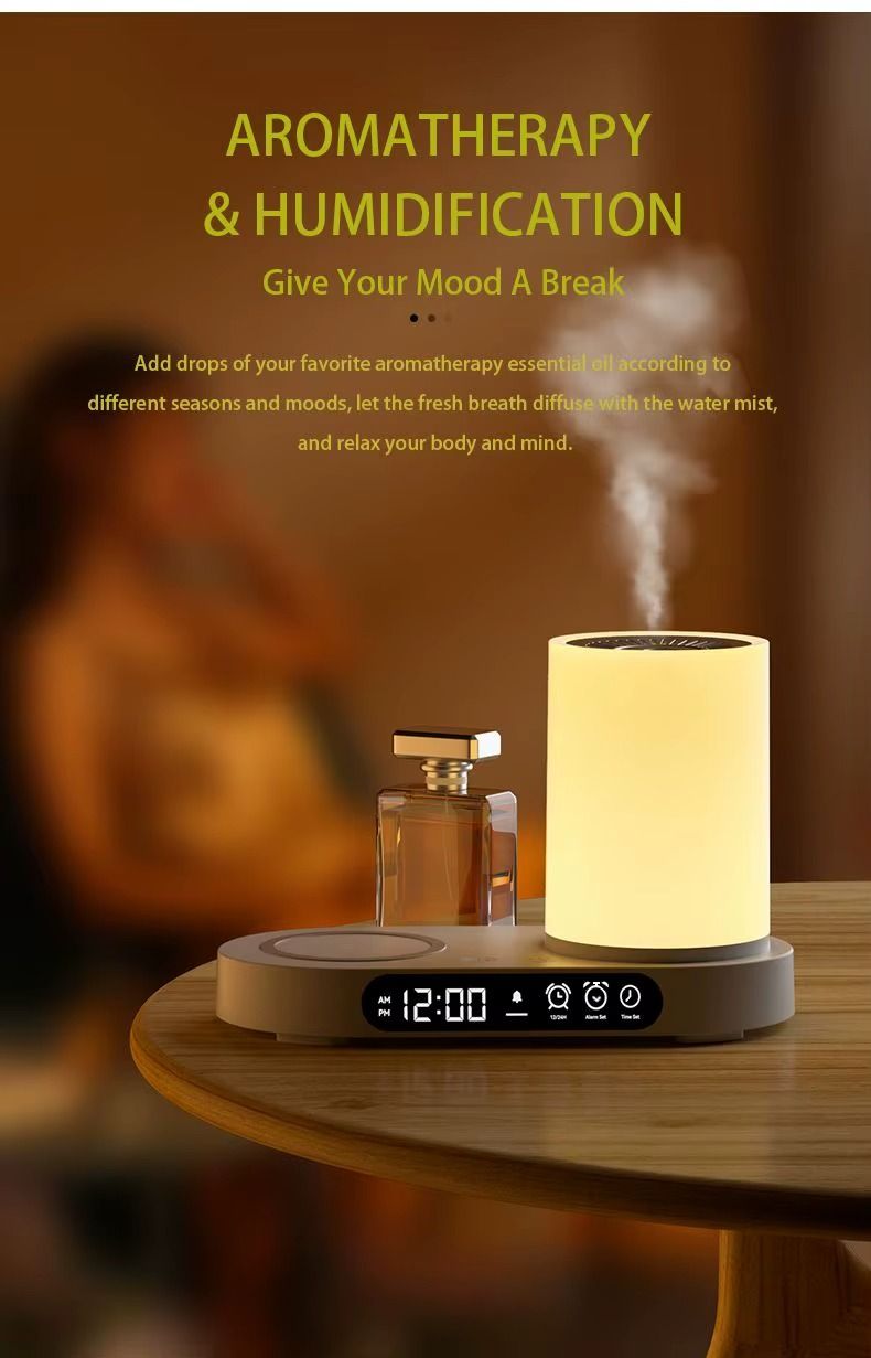 Multi-Functional Station, Wireless Charger, Humidifier, Clock & Mood Light