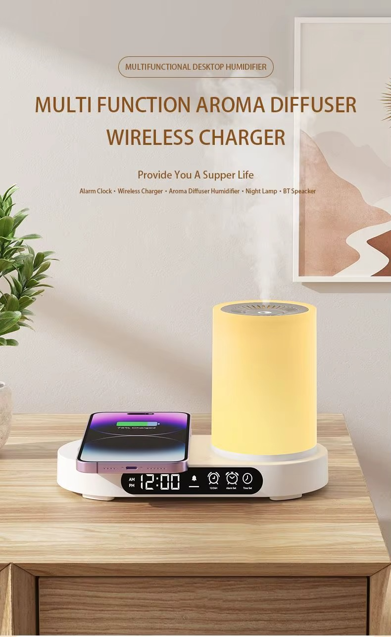 Multi-Functional Station, Wireless Charger, Humidifier, Clock & Mood Light