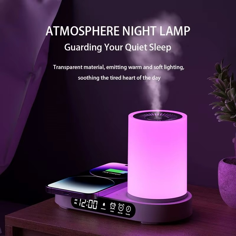 Multi-Functional Station, Wireless Charger, Humidifier, Clock & Mood Light