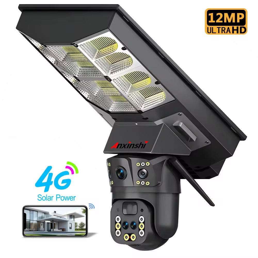 4G 2-in-1 Solar Street Light Camera Outdoor, 12MP Dual Lens PTZ Wireless Security Cam, Two-Way Audio, Motion Detection, Night Vision, IP66 Waterproof, Home Surveillance System