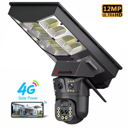 4G 2-in-1 Solar Street Light Camera Outdoor, 12MP Dual Lens PTZ Wireless Security Cam, Two-Way Audio, Motion Detection, Night Vision, IP66 Waterproof, Home Surveillance System