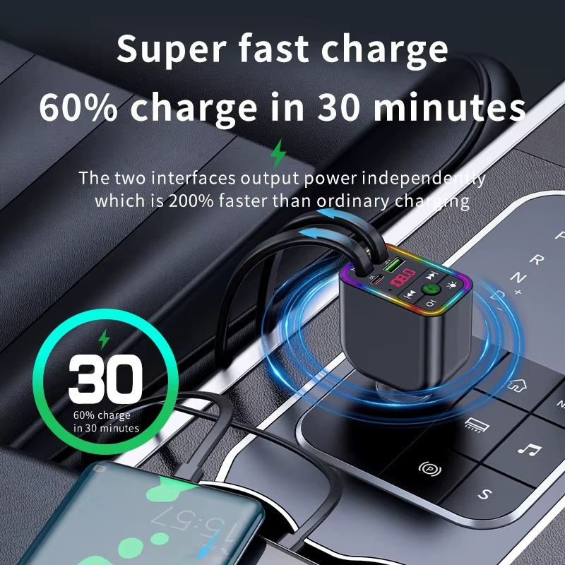 Multifunction Fast Car Charger With Bluetooth Transmitter, Retractable Type-C & Lightning Port with Digital Display