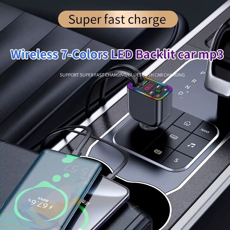 Multifunction Fast Car Charger With Bluetooth Transmitter, Retractable Type-C & Lightning Port with Digital Display