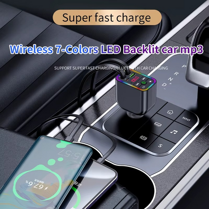 Multifunction Fast Car Charger With Bluetooth Transmitter, Retractable Type-C & Lightning Port with Digital Display