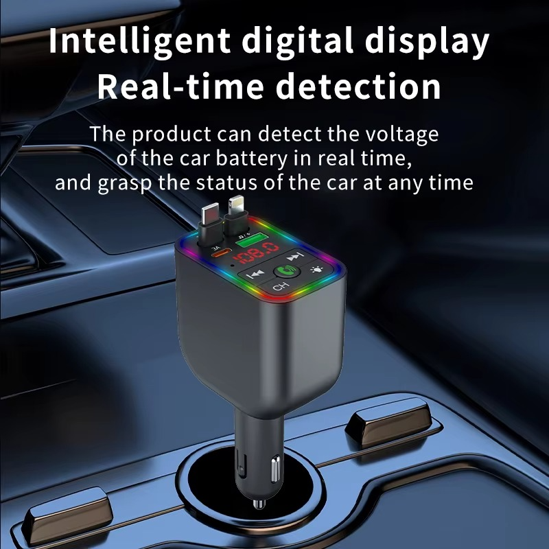 Multifunction Fast Car Charger With Bluetooth Transmitter, Retractable Type-C & Lightning Port with Digital Display