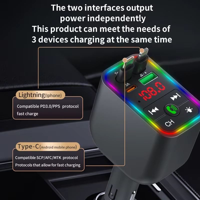Multifunction Fast Car Charger With Bluetooth Transmitter, Retractable Type-C & Lightning Port with Digital Display