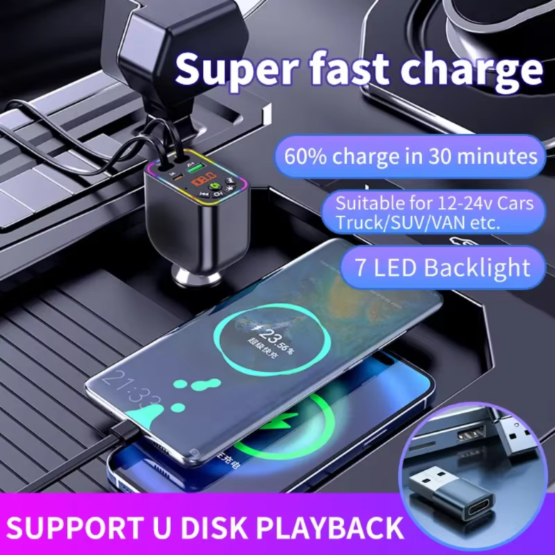 Multifunction Fast Car Charger With Bluetooth Transmitter, Retractable Type-C & Lightning Port with Digital Display