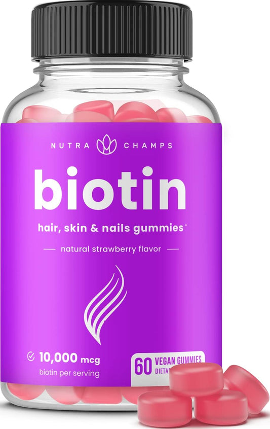 Biotin Gummies 10,000mcg [Highest Potency] for Healthy Hair, Skin & Nails for Adults & Kids - 5000mcg in Each Gummy Vitamin - Vegan, Non-GMO, Pectin-Based Hair Growth Supplement