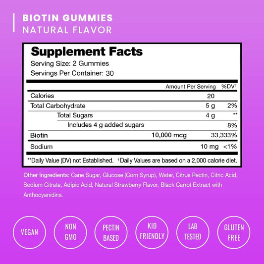 Biotin Gummies 10,000mcg [Highest Potency] for Healthy Hair, Skin & Nails for Adults & Kids - 5000mcg in Each Gummy Vitamin - Vegan, Non-GMO, Pectin-Based Hair Growth Supplement