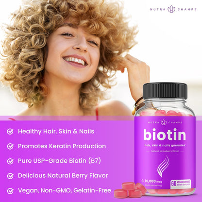 Biotin Gummies 10,000mcg [Highest Potency] for Healthy Hair, Skin & Nails for Adults & Kids - 5000mcg in Each Gummy Vitamin - Vegan, Non-GMO, Pectin-Based Hair Growth Supplement