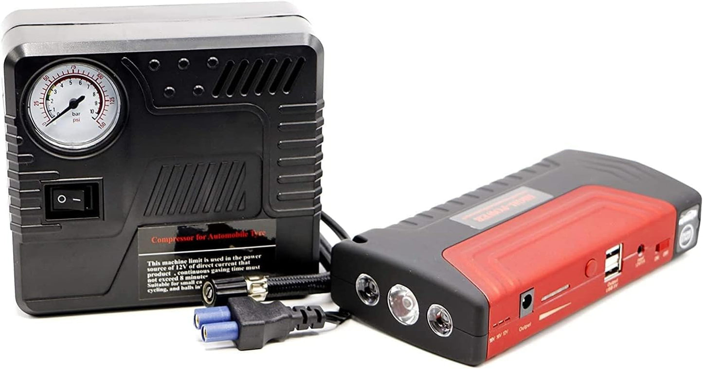 Car Jump Starter Battery Pack With Air Compressor, Jumper Starter With Tire Air Compressor Portable With 2 USB/DC 12V/LED Light Car Jumpstarter